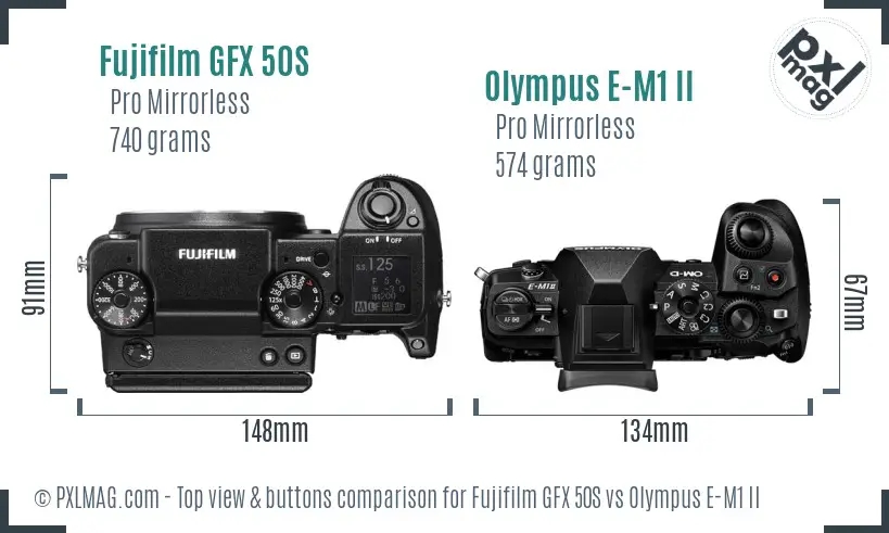 Fujifilm GFX 50S vs Olympus E-M1 II top view buttons comparison