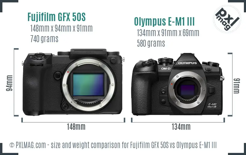 Fujifilm GFX 50S vs Olympus E-M1 III size comparison