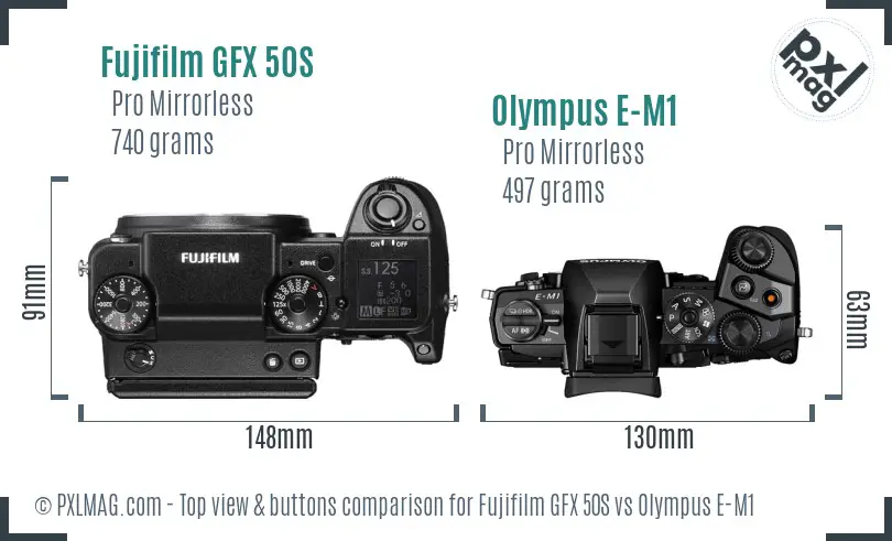 Fujifilm GFX 50S vs Olympus E-M1 top view buttons comparison