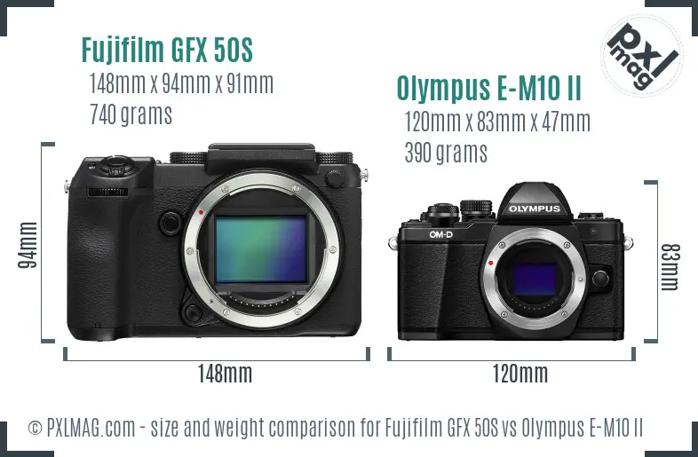 Fujifilm GFX 50S vs Olympus E-M10 II size comparison