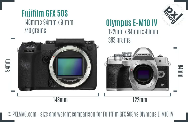 Fujifilm GFX 50S vs Olympus E-M10 IV size comparison