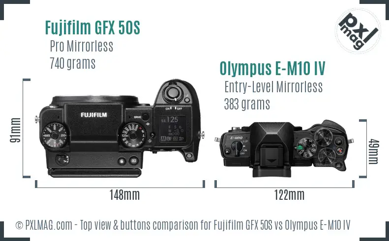 Fujifilm GFX 50S vs Olympus E-M10 IV top view buttons comparison