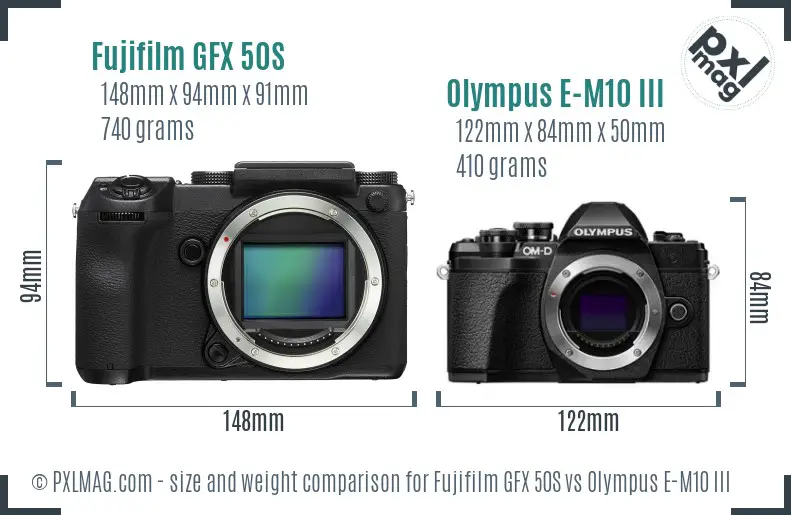 Fujifilm GFX 50S vs Olympus E-M10 III size comparison