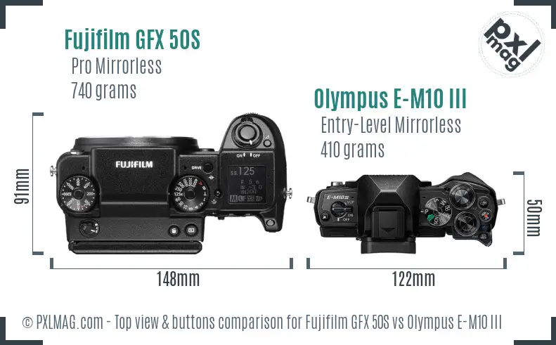 Fujifilm GFX 50S vs Olympus E-M10 III top view buttons comparison
