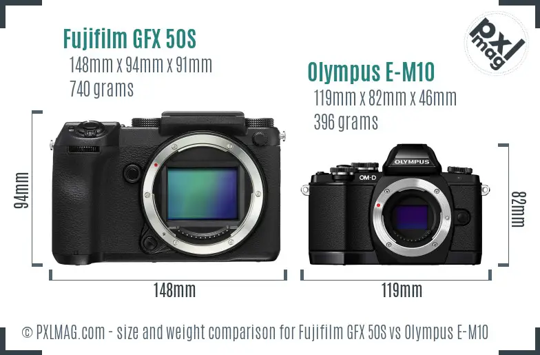 Fujifilm GFX 50S vs Olympus E-M10 size comparison