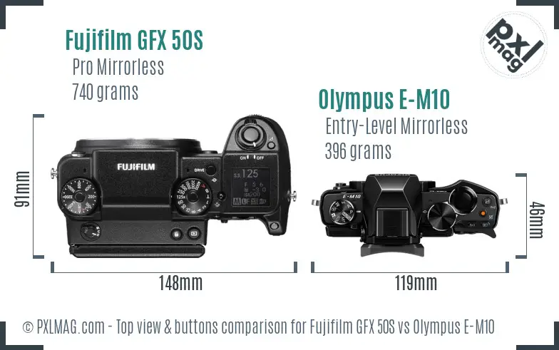 Fujifilm GFX 50S vs Olympus E-M10 top view buttons comparison