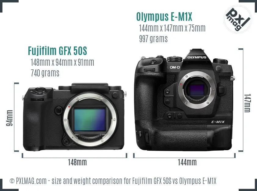 Fujifilm GFX 50S vs Olympus E-M1X size comparison
