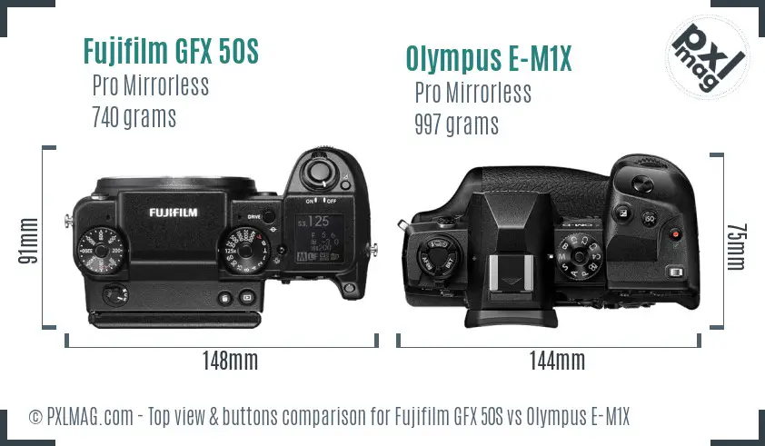 Fujifilm GFX 50S vs Olympus E-M1X top view buttons comparison