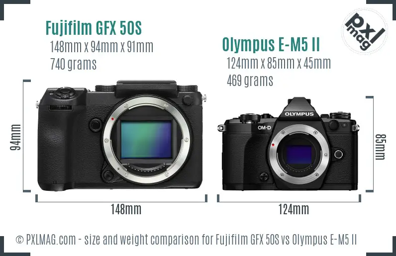 Fujifilm GFX 50S vs Olympus E-M5 II size comparison