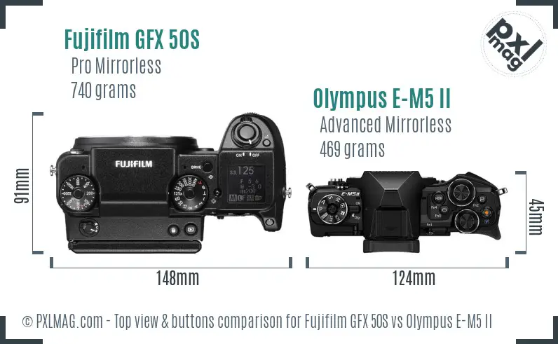 Fujifilm GFX 50S vs Olympus E-M5 II top view buttons comparison