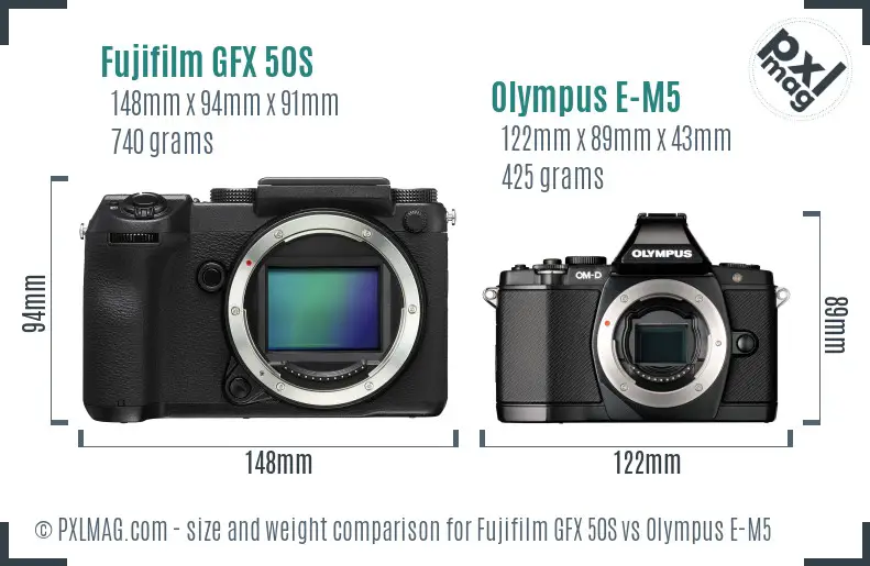 Fujifilm GFX 50S vs Olympus E-M5 size comparison
