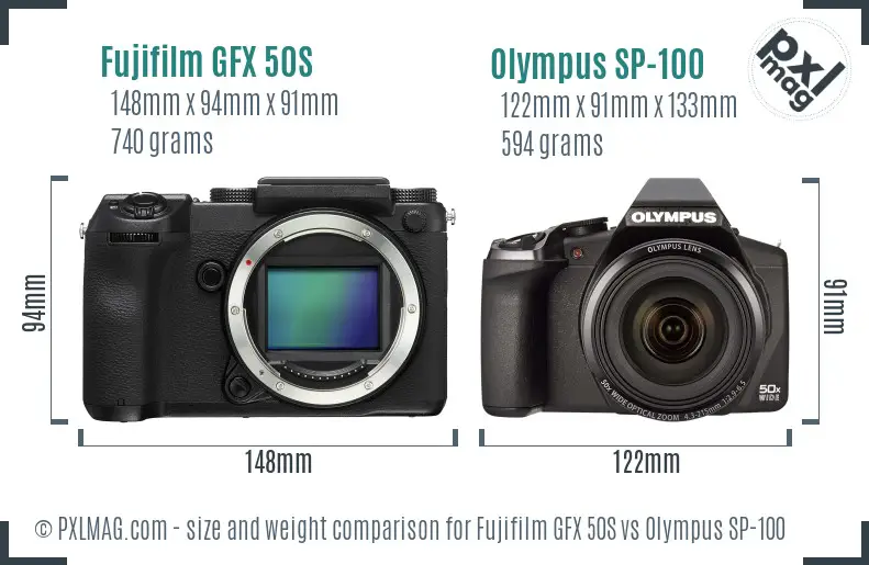 Fujifilm GFX 50S vs Olympus SP-100 size comparison