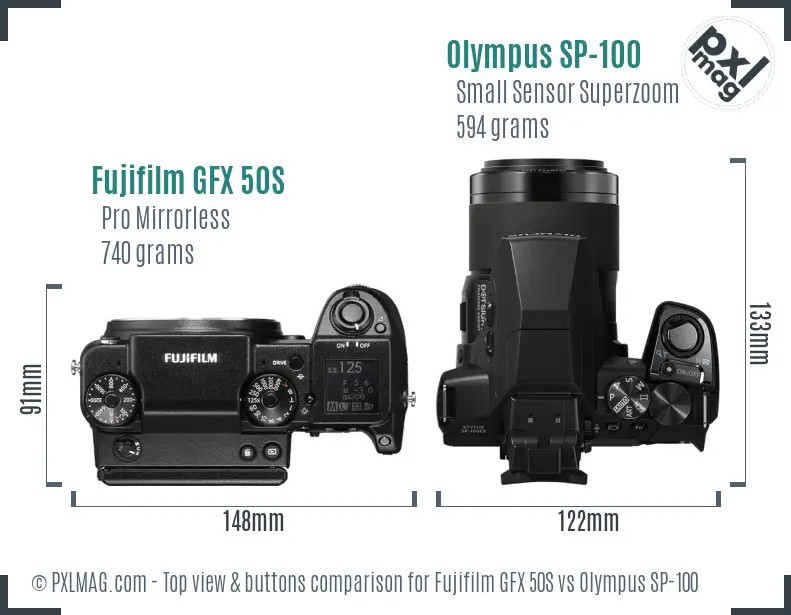 Fujifilm GFX 50S vs Olympus SP-100 top view buttons comparison