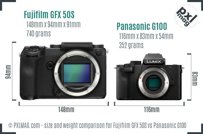 Fujifilm GFX 50S vs Panasonic G100 size comparison