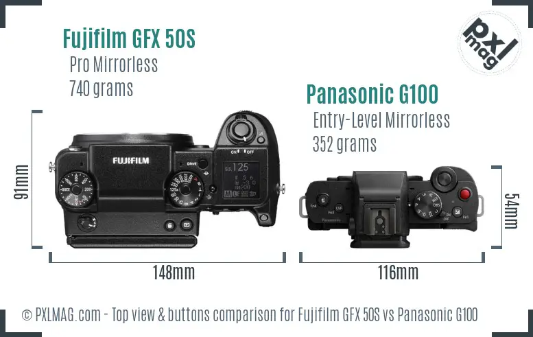 Fujifilm GFX 50S vs Panasonic G100 top view buttons comparison