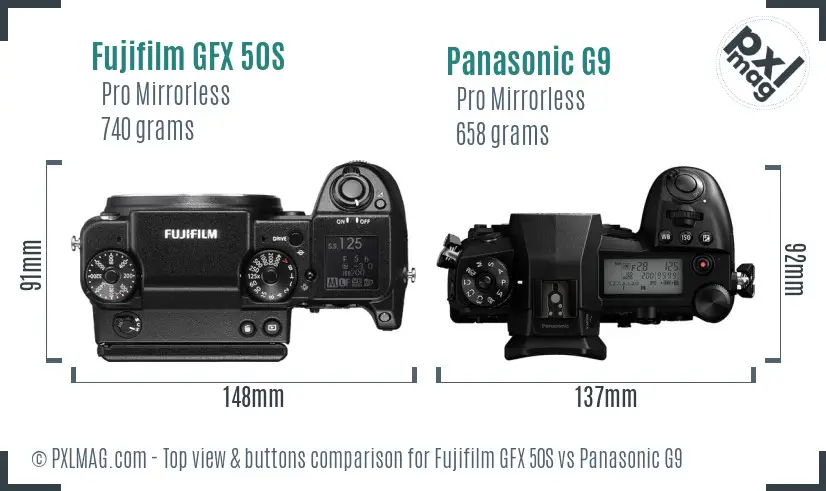 Fujifilm GFX 50S vs Panasonic G9 top view buttons comparison