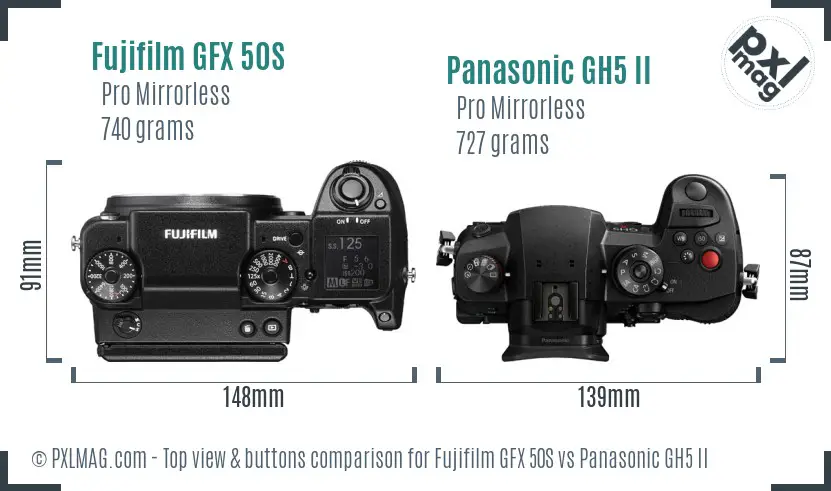 Fujifilm GFX 50S vs Panasonic GH5 II top view buttons comparison
