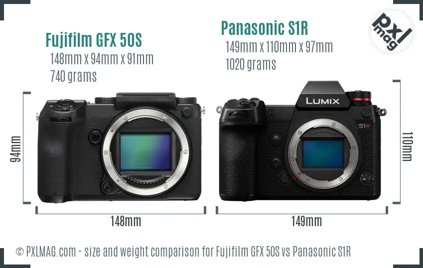 Fujifilm GFX 50S vs Panasonic S1R size comparison