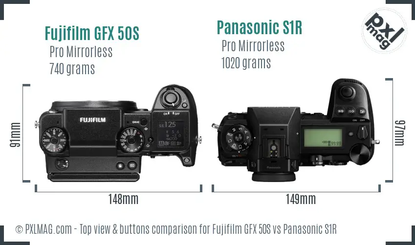Fujifilm GFX 50S vs Panasonic S1R top view buttons comparison