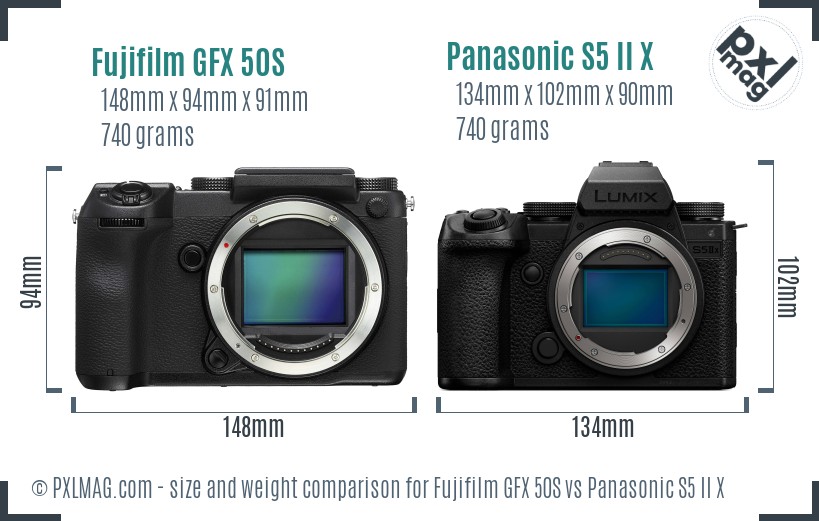 Fujifilm GFX 50S vs Panasonic S5 II X size comparison