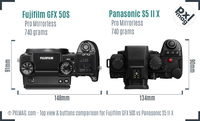 Fujifilm GFX 50S vs Panasonic S5 II X top view buttons comparison