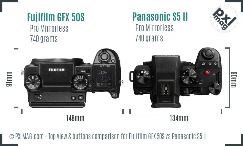 Fujifilm GFX 50S vs Panasonic S5 II top view buttons comparison