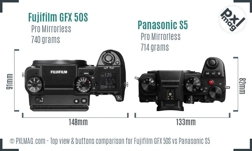 Fujifilm GFX 50S vs Panasonic S5 top view buttons comparison