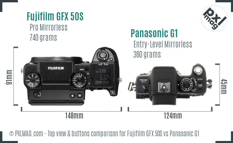 Fujifilm GFX 50S vs Panasonic G1 top view buttons comparison