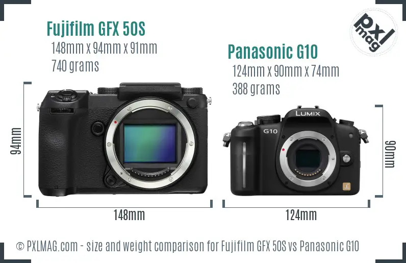 Fujifilm GFX 50S vs Panasonic G10 size comparison