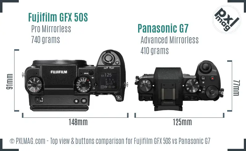 Fujifilm GFX 50S vs Panasonic G7 top view buttons comparison