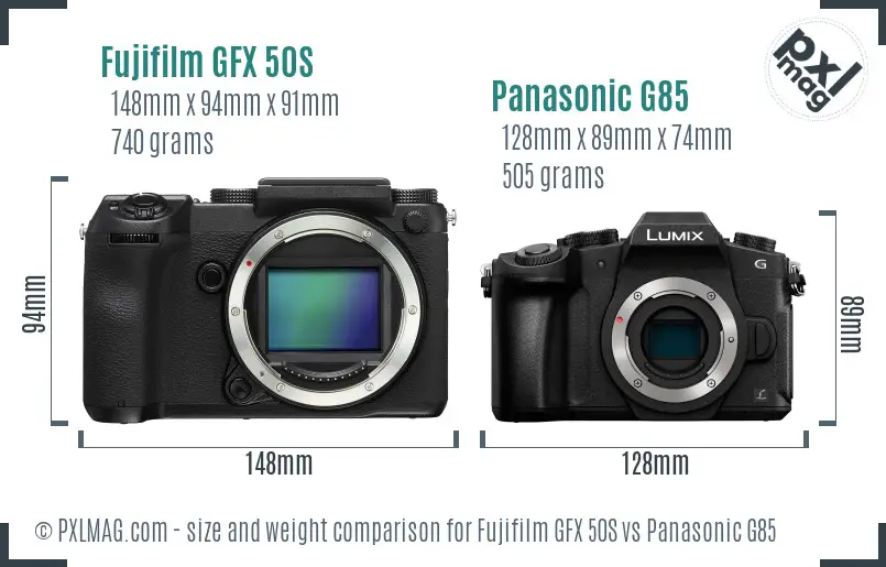 Fujifilm GFX 50S vs Panasonic G85 size comparison