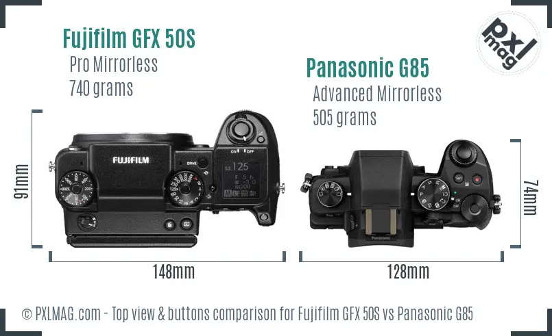 Fujifilm GFX 50S vs Panasonic G85 top view buttons comparison