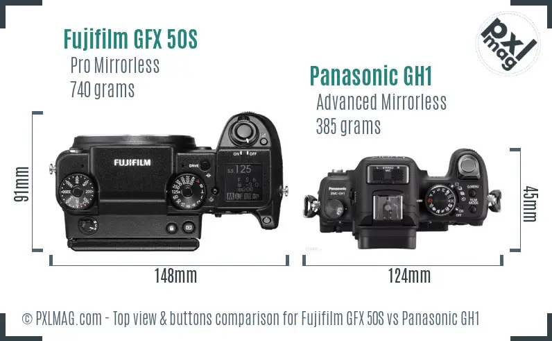 Fujifilm GFX 50S vs Panasonic GH1 top view buttons comparison