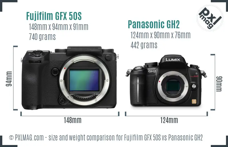 Fujifilm GFX 50S vs Panasonic GH2 size comparison