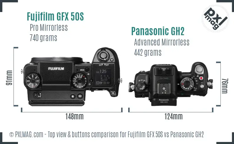 Fujifilm GFX 50S vs Panasonic GH2 top view buttons comparison