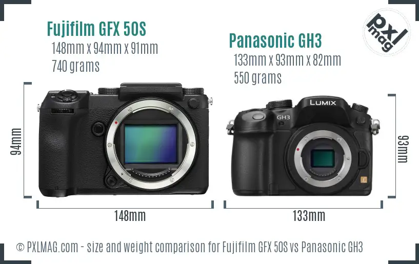 Fujifilm GFX 50S vs Panasonic GH3 size comparison