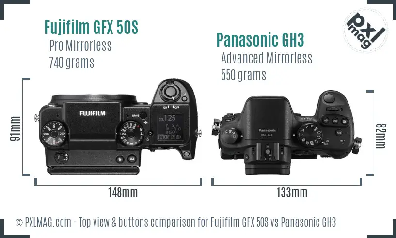 Fujifilm GFX 50S vs Panasonic GH3 top view buttons comparison