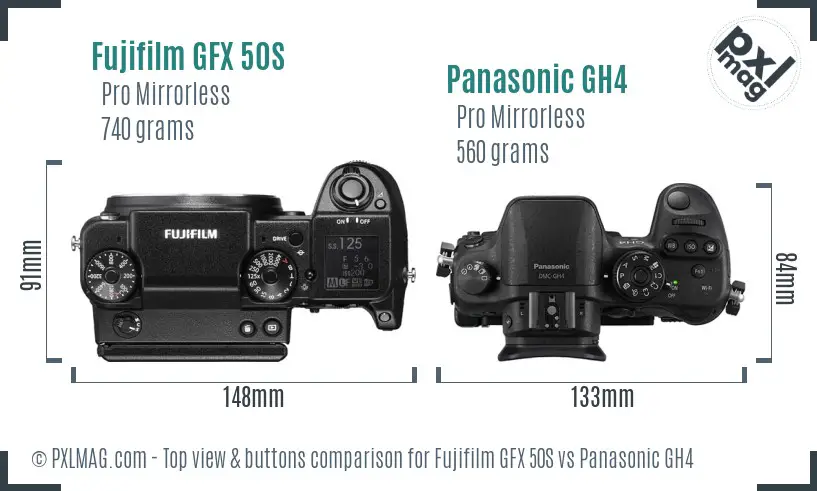 Fujifilm GFX 50S vs Panasonic GH4 top view buttons comparison