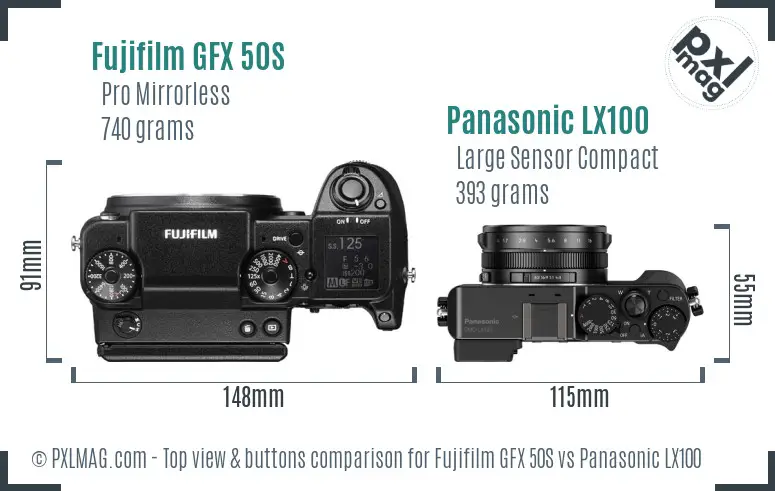 Fujifilm GFX 50S vs Panasonic LX100 top view buttons comparison