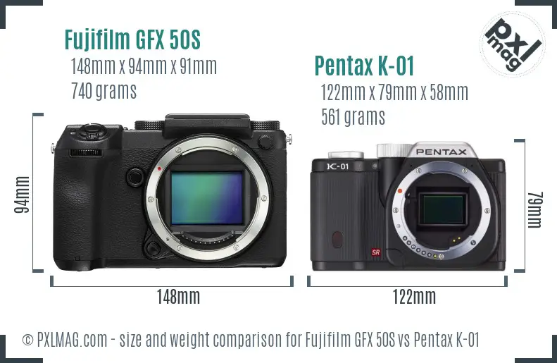 Fujifilm GFX 50S vs Pentax K-01 size comparison