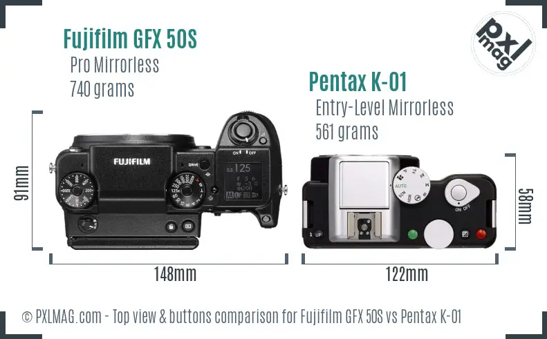Fujifilm GFX 50S vs Pentax K-01 top view buttons comparison
