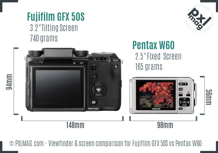Fujifilm GFX 50S vs Pentax W60 Screen and Viewfinder comparison