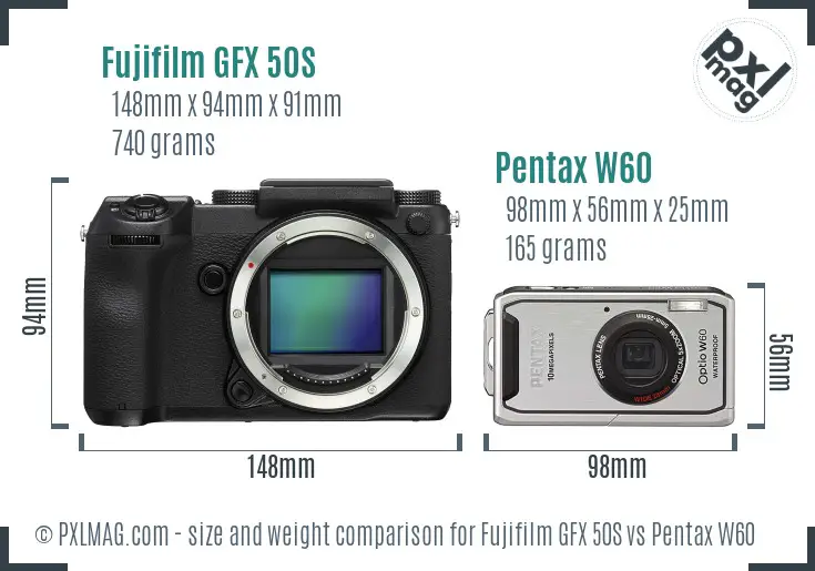 Fujifilm GFX 50S vs Pentax W60 size comparison