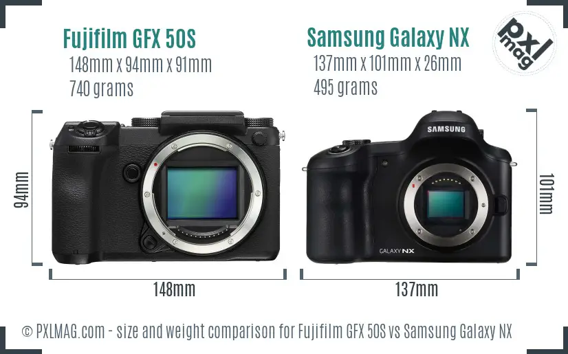 Fujifilm GFX 50S vs Samsung Galaxy NX size comparison