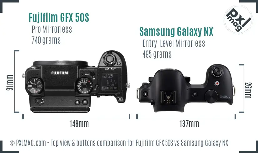 Fujifilm GFX 50S vs Samsung Galaxy NX top view buttons comparison