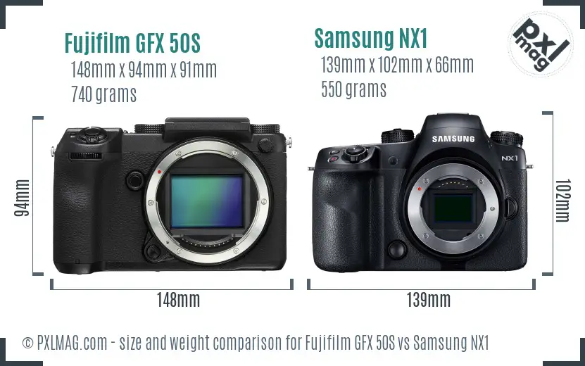 Fujifilm GFX 50S vs Samsung NX1 size comparison