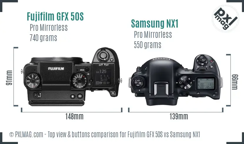 Fujifilm GFX 50S vs Samsung NX1 top view buttons comparison