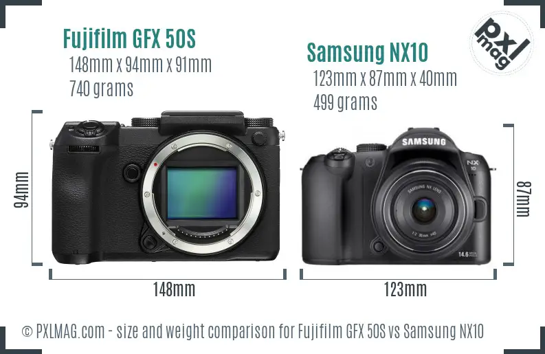 Fujifilm GFX 50S vs Samsung NX10 size comparison