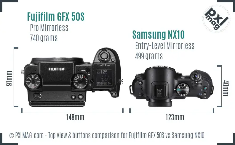 Fujifilm GFX 50S vs Samsung NX10 top view buttons comparison