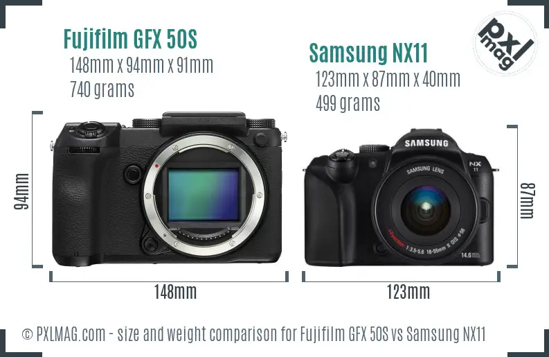 Fujifilm GFX 50S vs Samsung NX11 size comparison